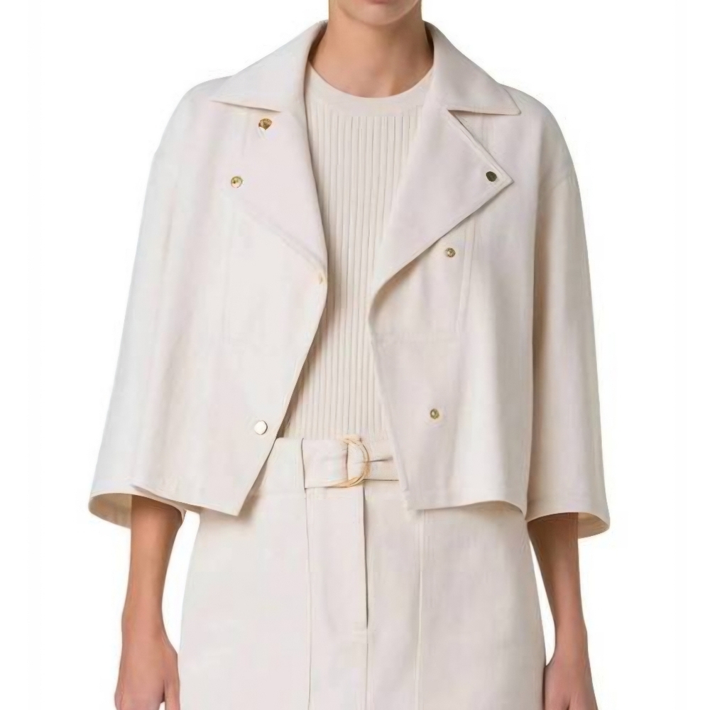 Akris Punto New Cropped Denim Boxy Biker Jacket Cotton Size 10 Cream  Cashew NWT